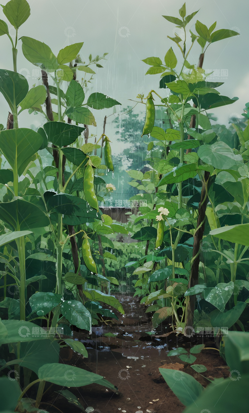 高清大图下载【趣麦麦图】雨后菜园豆角生长景象