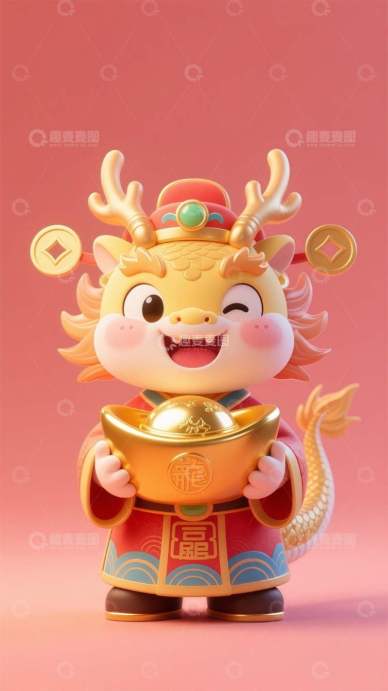 高清大图下载【趣麦麦图】喜庆中国古代神话龙财神捧着金元宝