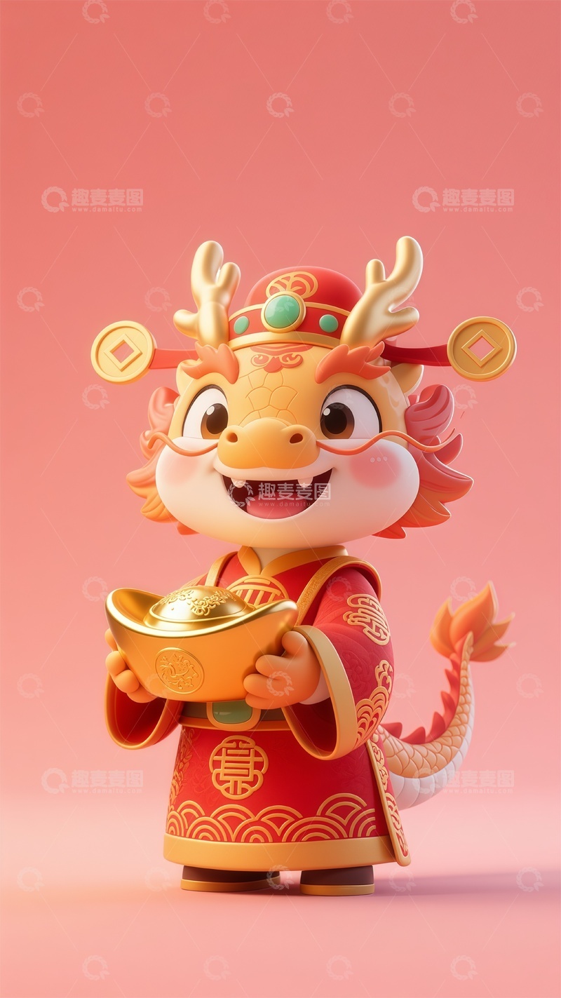 高清大图下载【趣麦麦图】开心中国古代神话龙财神捧着金元宝