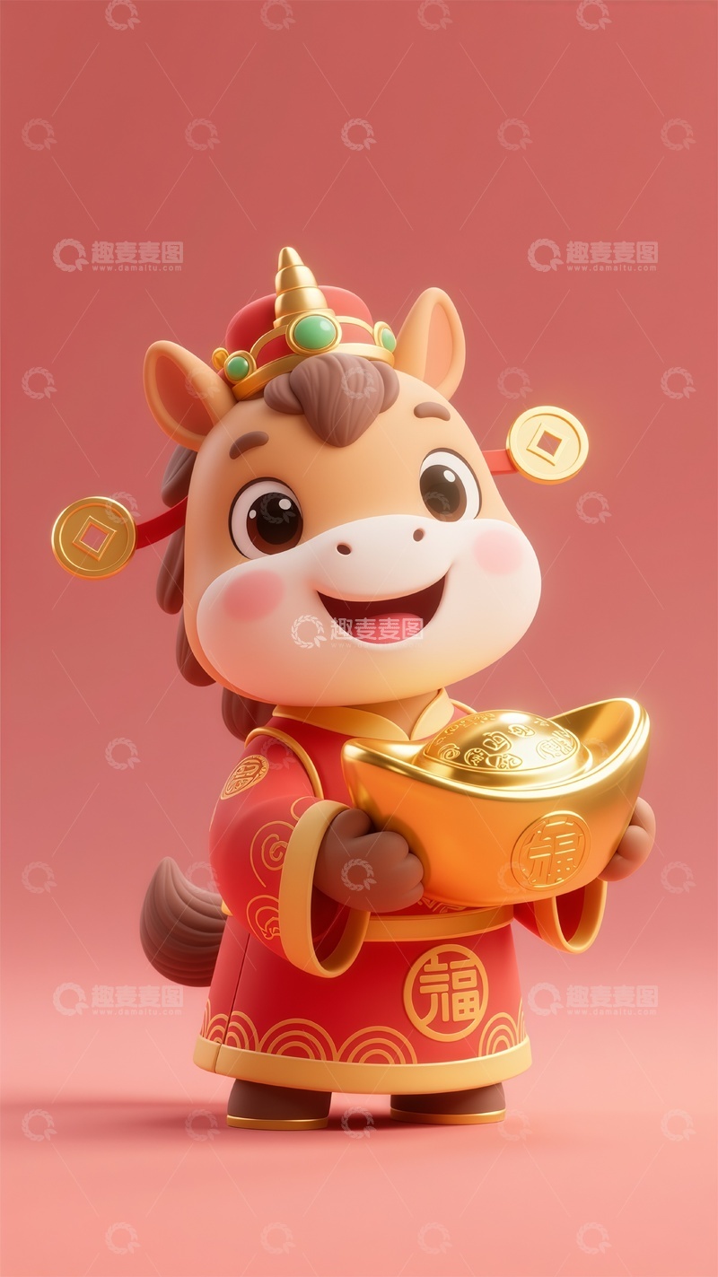 高清大图下载【趣麦麦图】中国古代神话人物财神捧着金元宝马喜庆