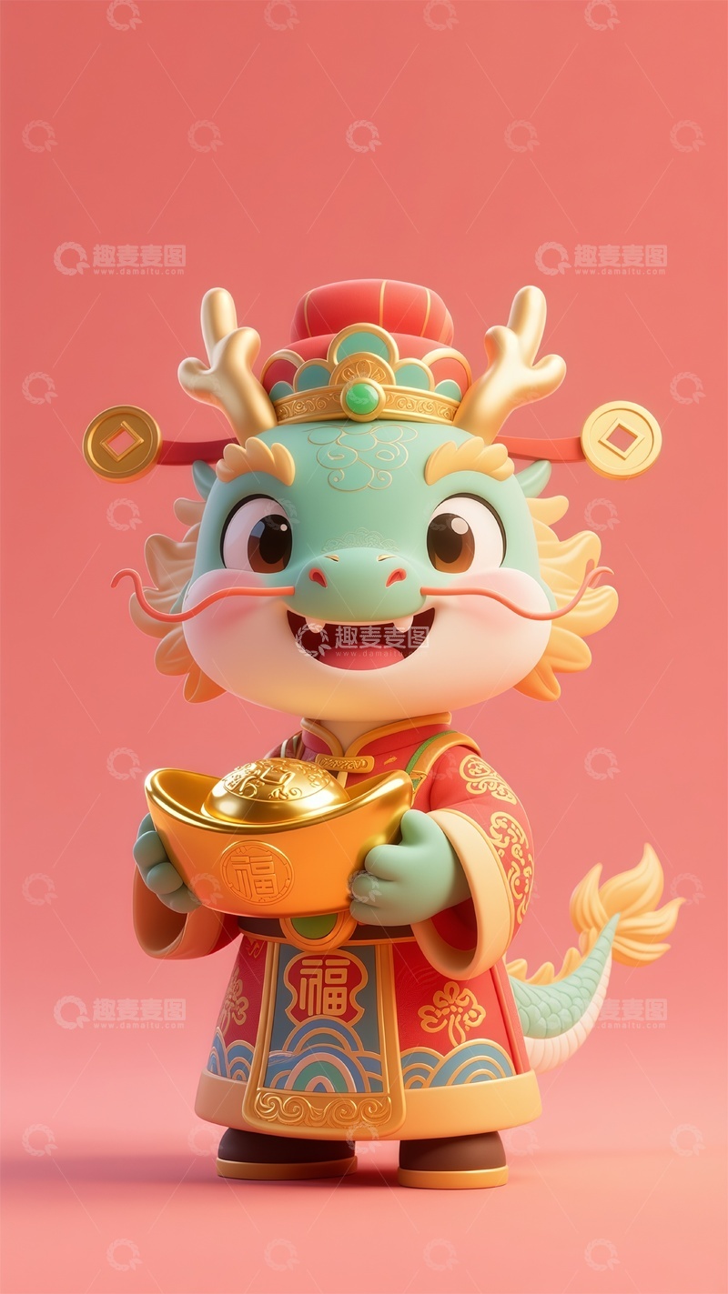 高清大图下载【趣麦麦图】中国古代神话龙财神捧着金元宝