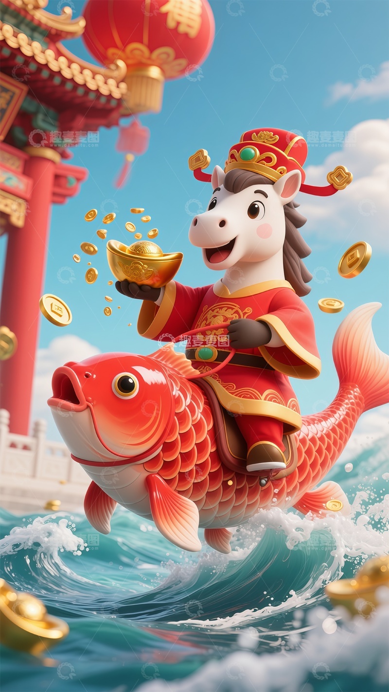 高清大图下载【趣麦麦图】中国神话马财神捧着金元宝骑锦鲤
