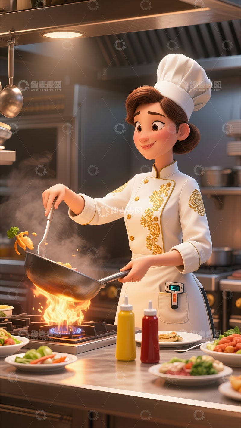 高清大图下载【趣麦麦图】卡通职业炒菜的女厨师