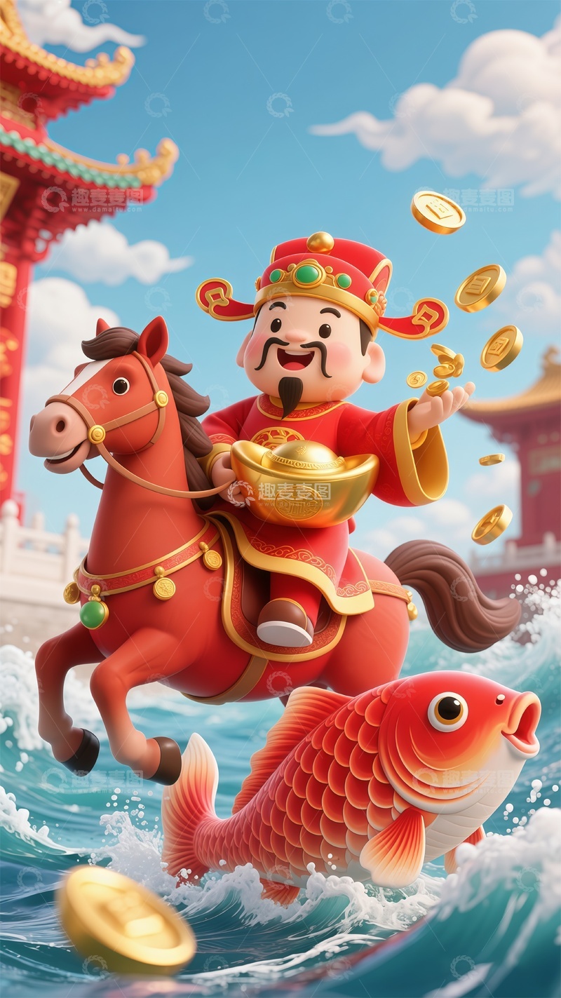 高清大图下载【趣麦麦图】中国古代神话人物财神捧着金元宝骑锦鲤