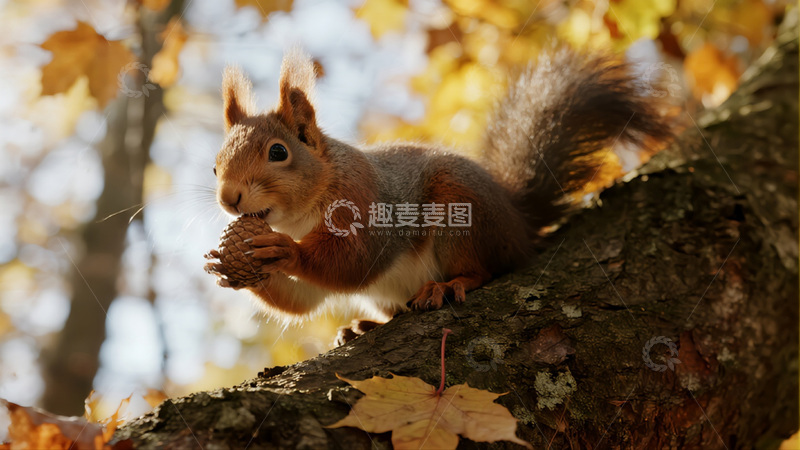 高清大图下载【趣麦麦图】秋季松鼠森林树枝吃坚果商业照片