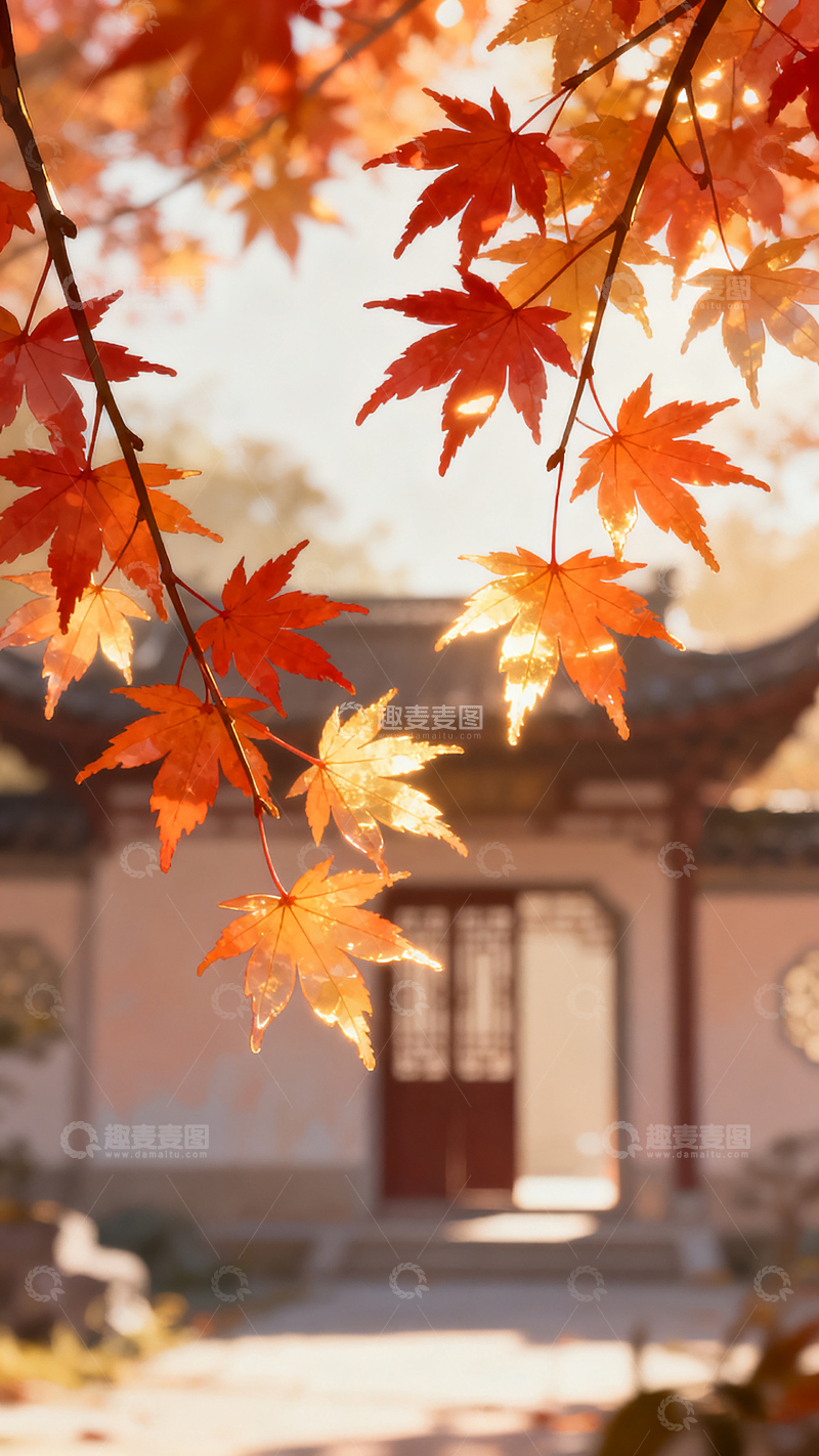 高清大图下载【趣麦麦图】秋日枫叶特写古风虚化唯美背景图