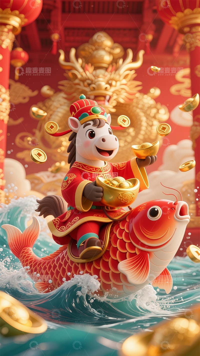 高清大图下载【趣麦麦图】中国古代神话马财神捧着金元宝骑锦鲤