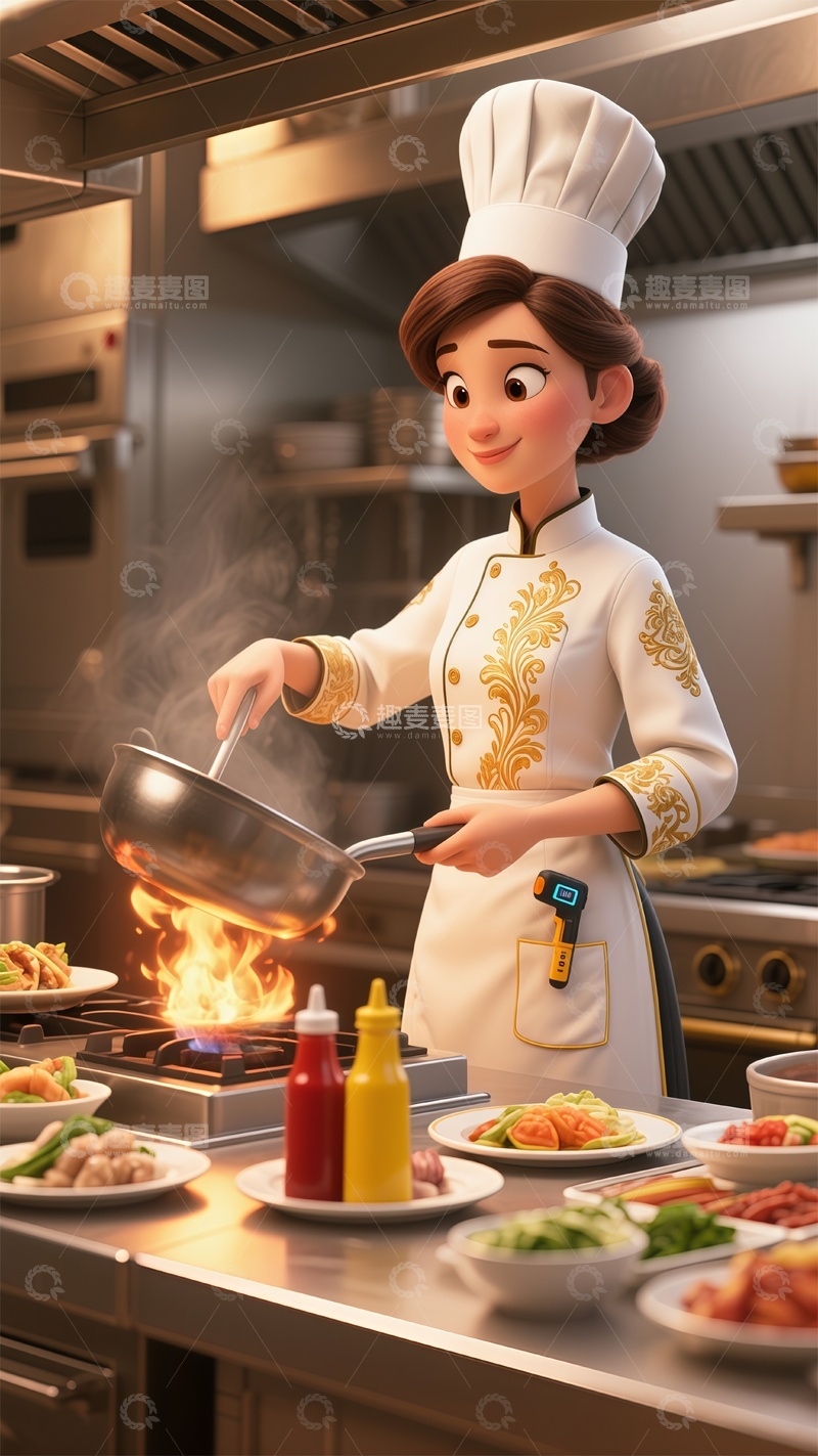 高清大图下载【趣麦麦图】卡通职业炒菜的女厨师场景