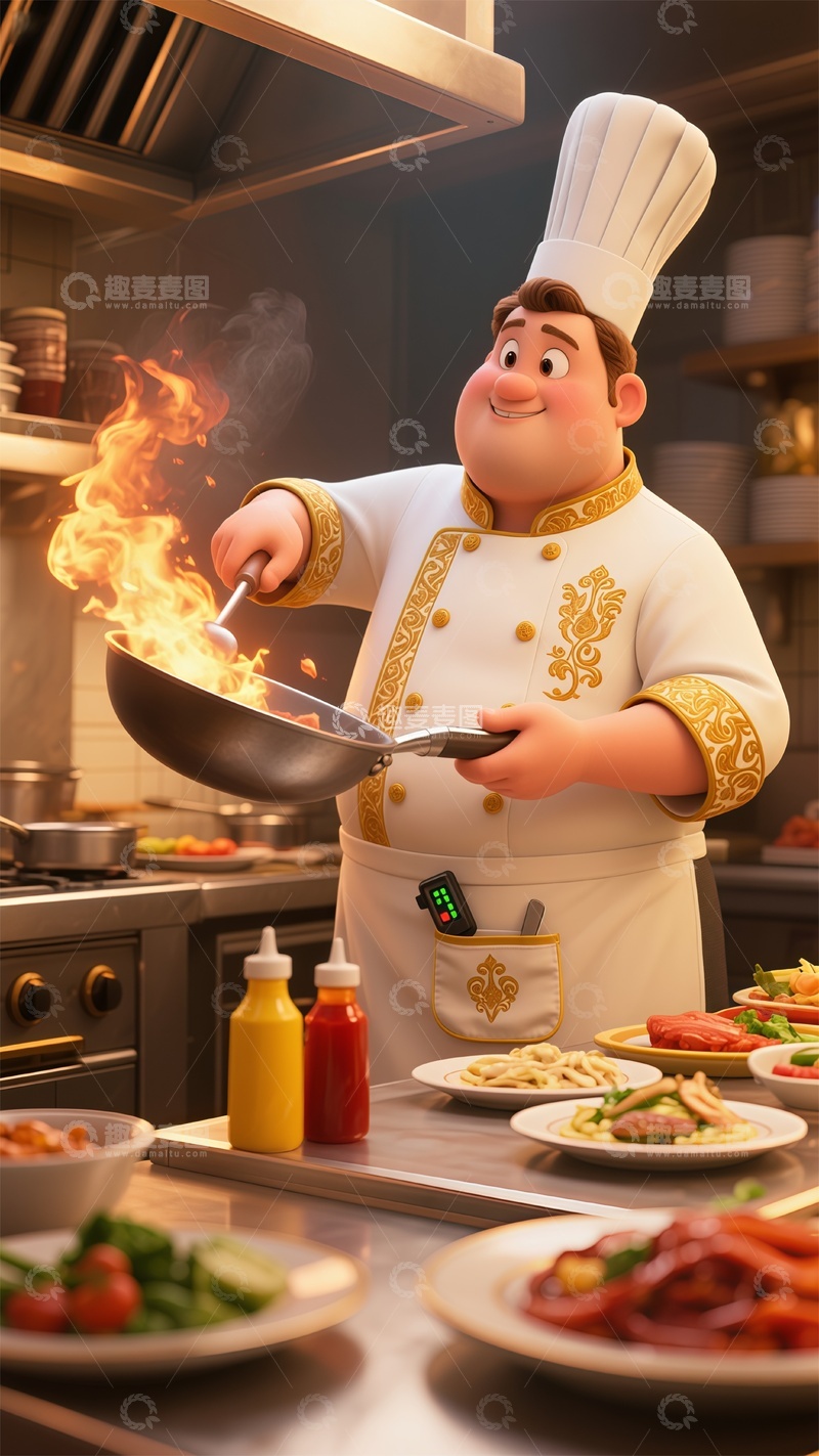 高清大图下载【趣麦麦图】卡通职业炒菜的男胖子厨师