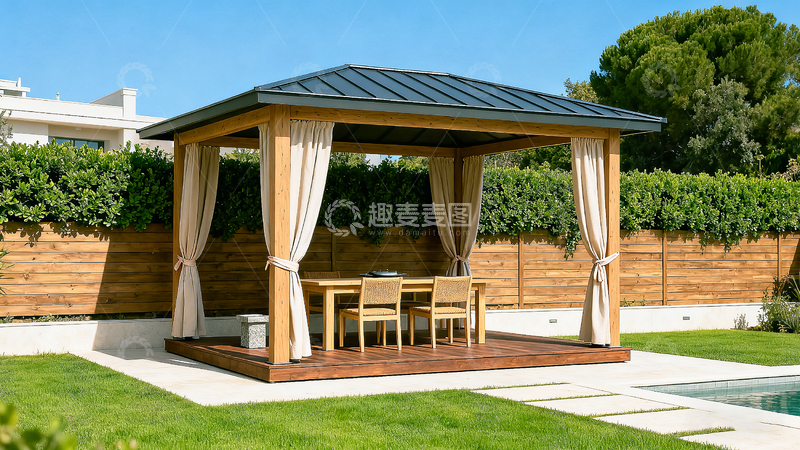 高清大图下载【趣麦麦图】-傍晚夜景唯美户外凉亭休闲区设计