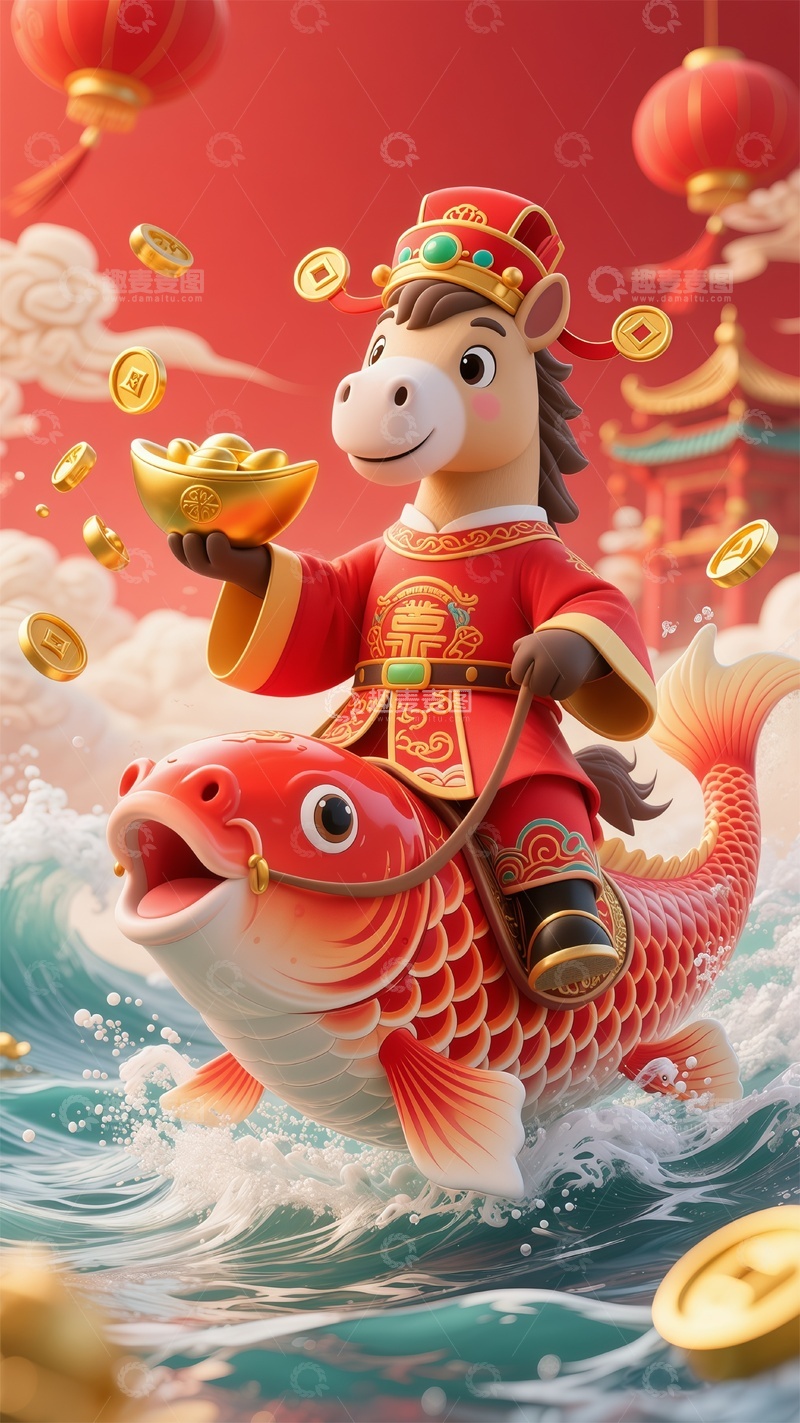 高清大图下载【趣麦麦图】喜庆古代神话马财神捧着金元宝骑锦鲤