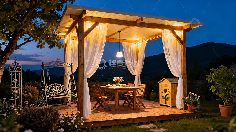 高清大图下载【趣麦麦图】浪漫夜晚庭院用餐场景
