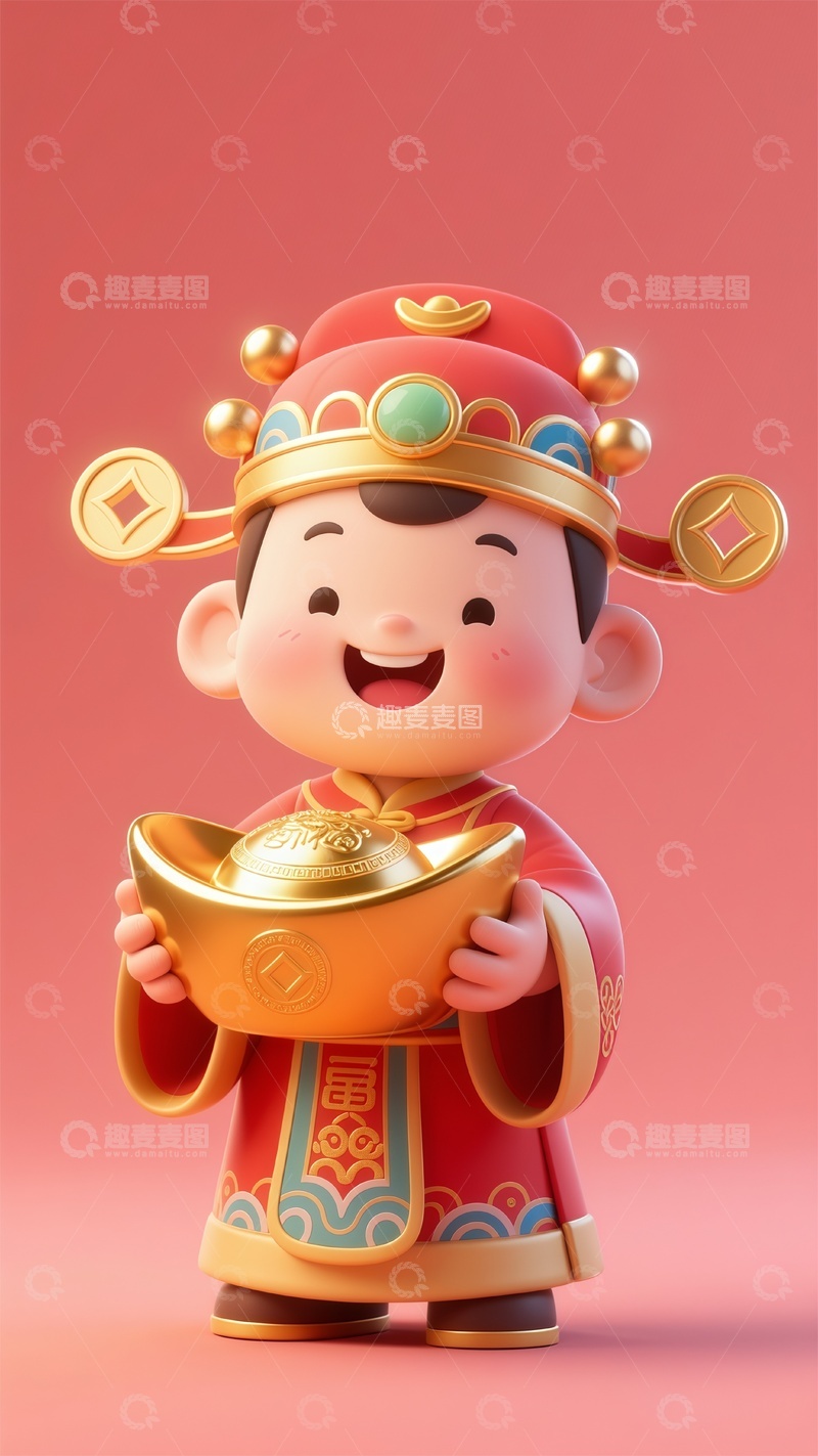 高清大图下载【趣麦麦图】喜庆中国古代神话人物财神捧着金元宝