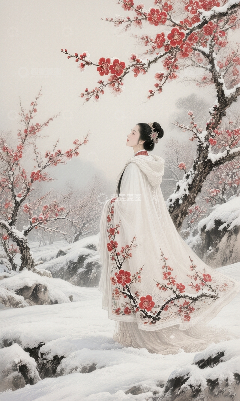 高清大图下载【趣麦麦图】雪梅林中的古装女子3