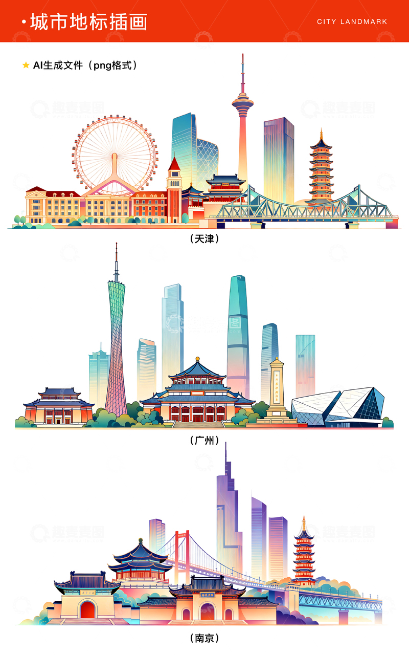 高清大图下载【趣麦麦图】城市地标插画天津广州南京