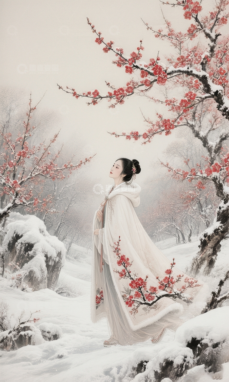 高清大图下载【趣麦麦图】雪梅林中的古装女子2