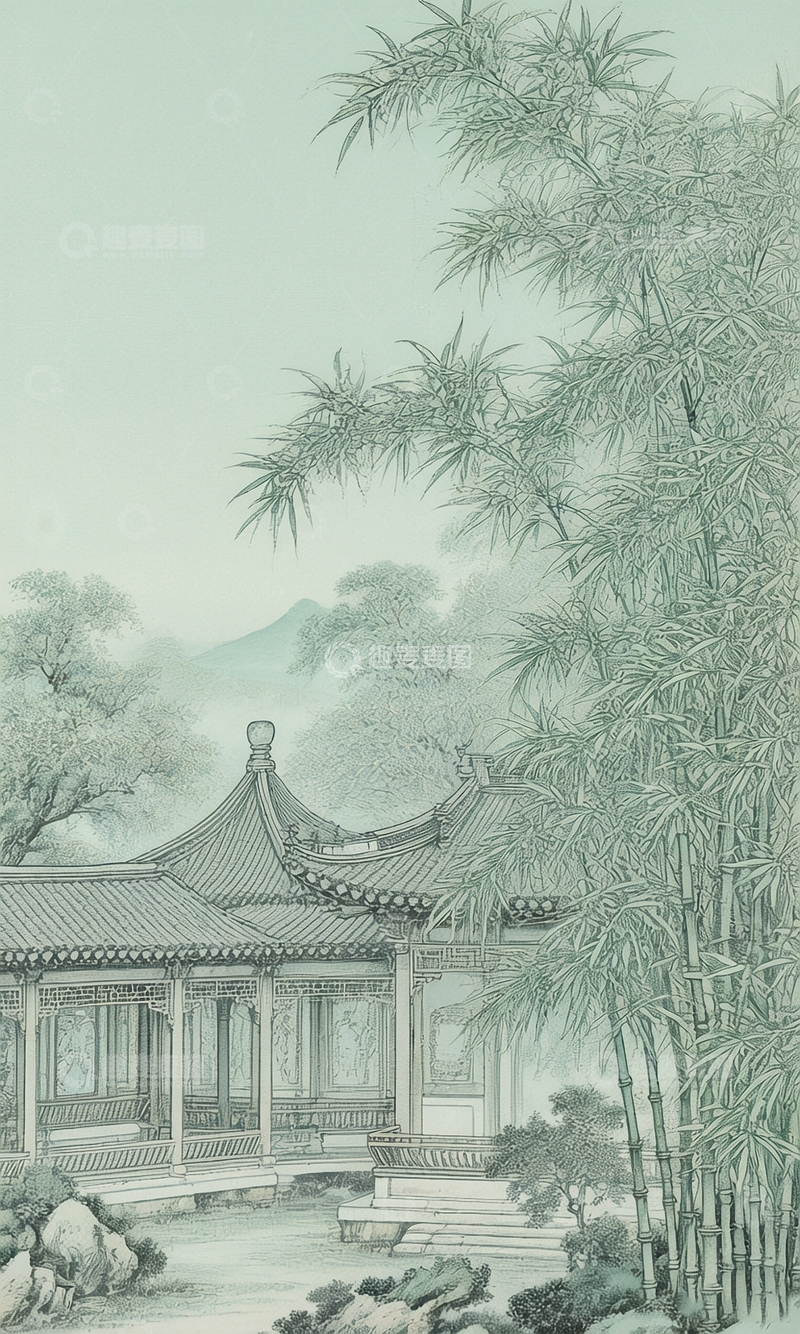 高清大图下载【趣麦麦图】水墨风亭台竹林景观2