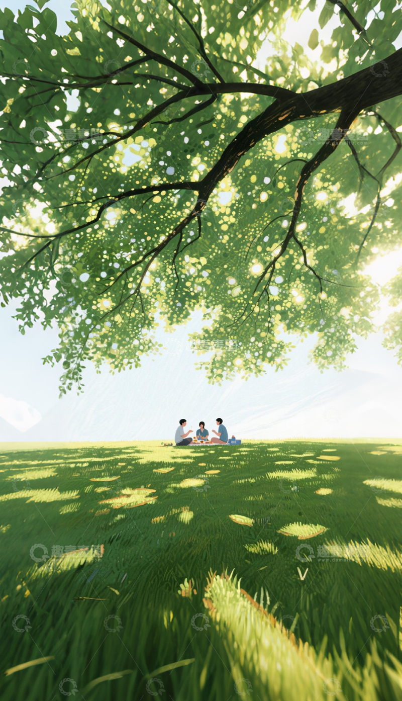 高清大图下载【趣麦麦图】-夏日树荫野餐插画