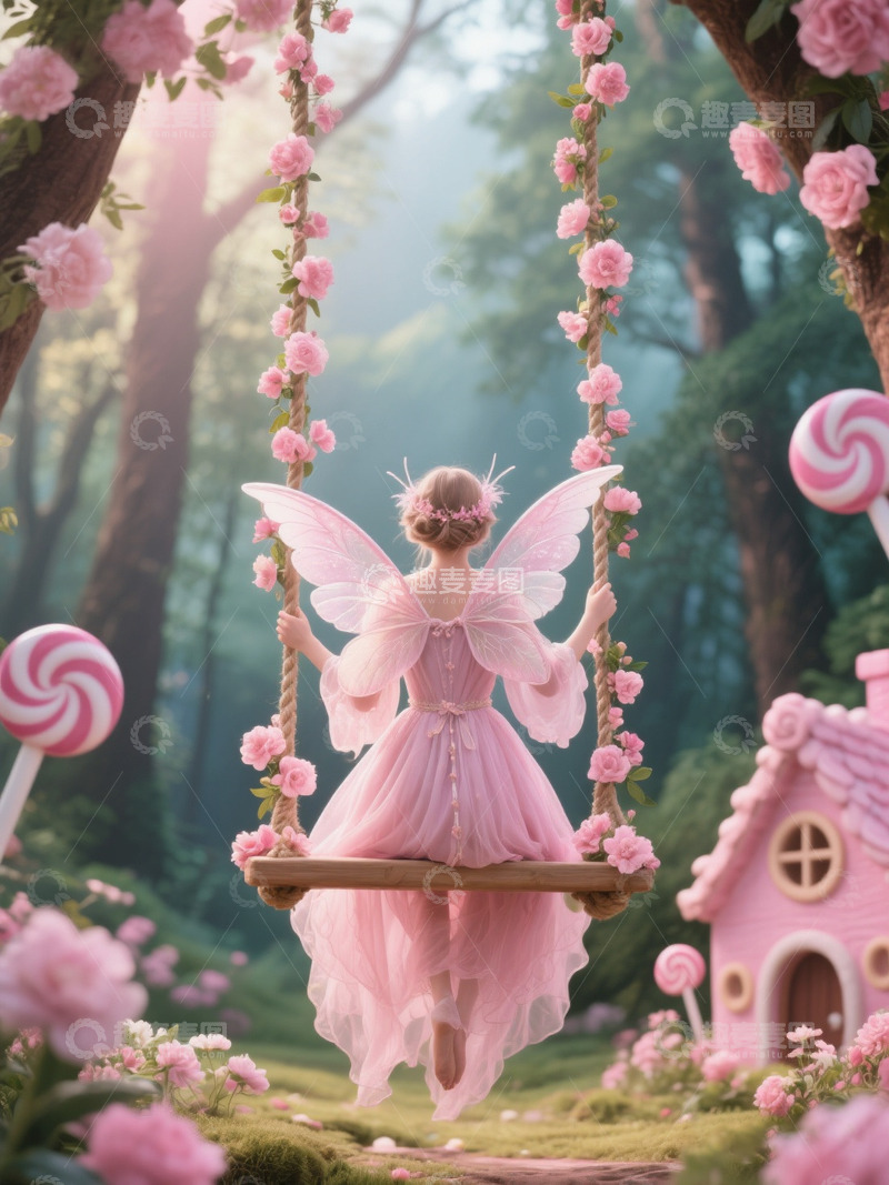 高清大图下载【趣麦麦图】童话故事感森林糖果仙子秋千背影1