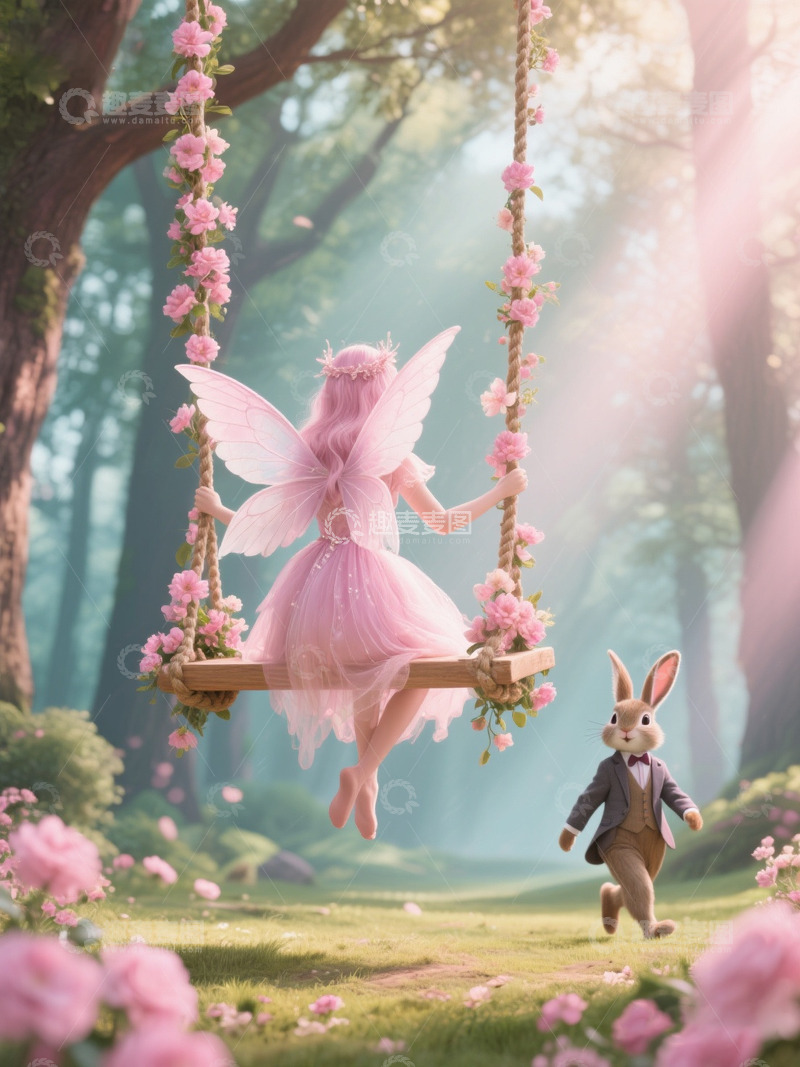 高清大图下载【趣麦麦图】童话故事感森林糖果仙子秋千背影3