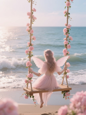 童话氛围感大海仙子秋千背影1
