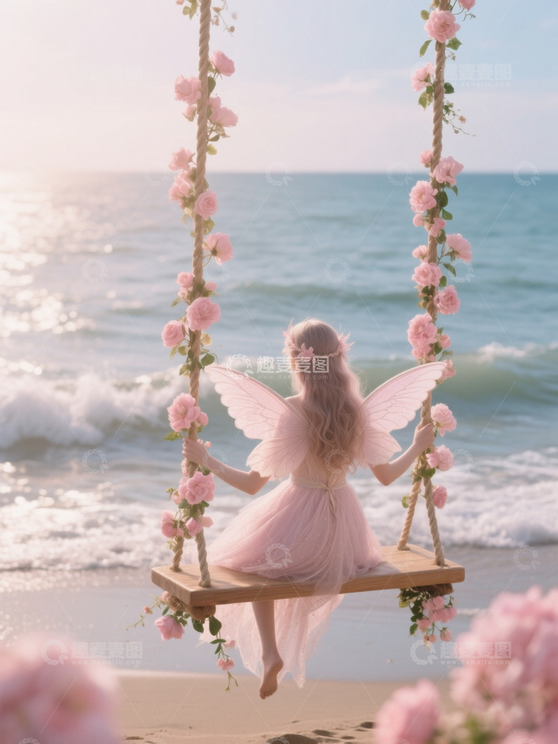 童话氛围感大海仙子秋千背影1