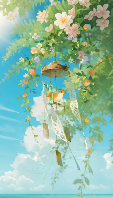 清新风风铃花鸟插画