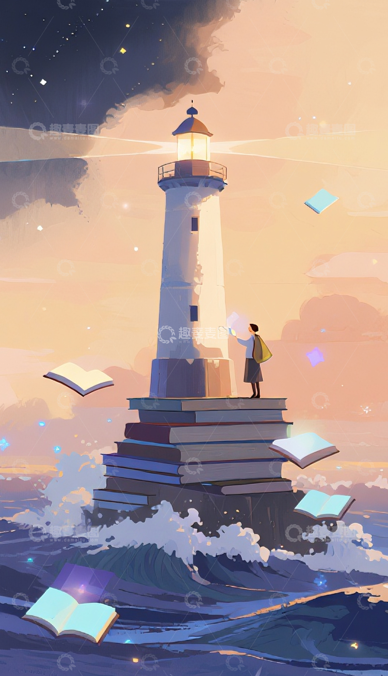 高清大图下载【趣麦麦图】-梦幻灯塔书海插画