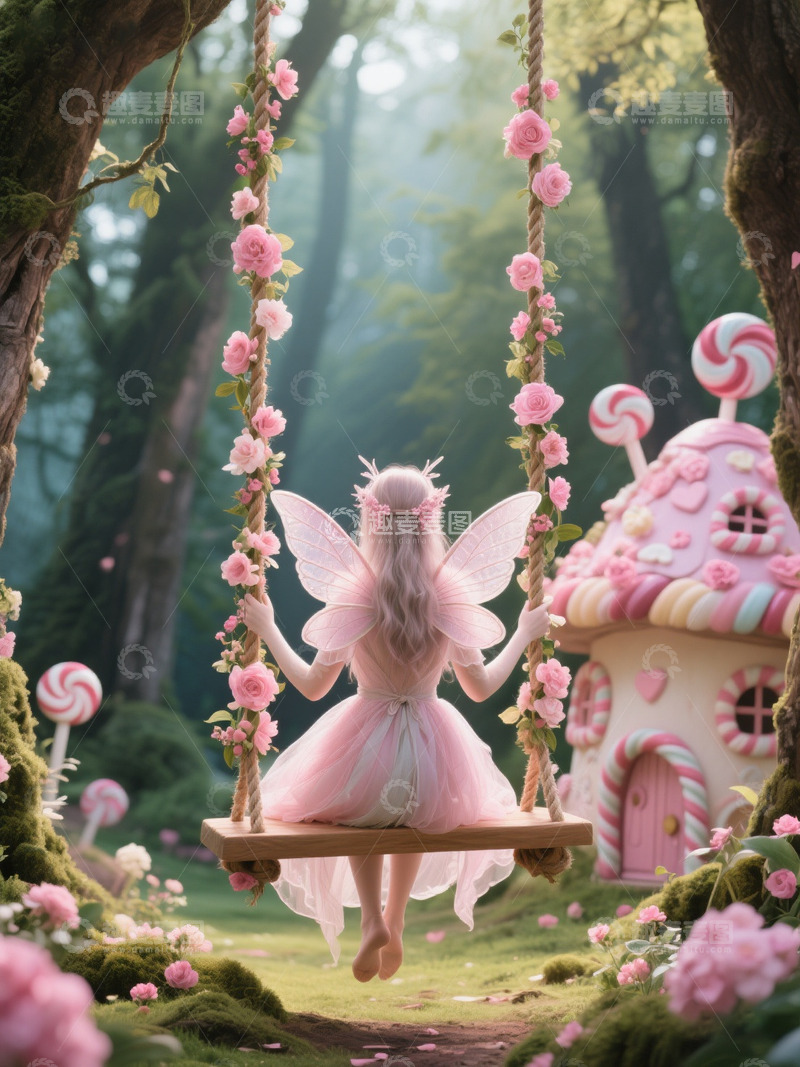 高清大图下载【趣麦麦图】童话故事感森林糖果仙子秋千背影2