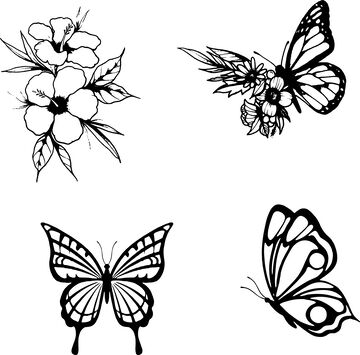 黑白线描花朵蝴蝶设计元素