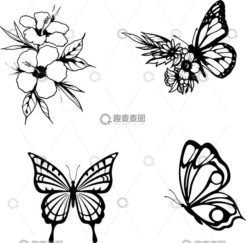 源文件下载【趣麦麦图】黑白线描花朵蝴蝶设计元素