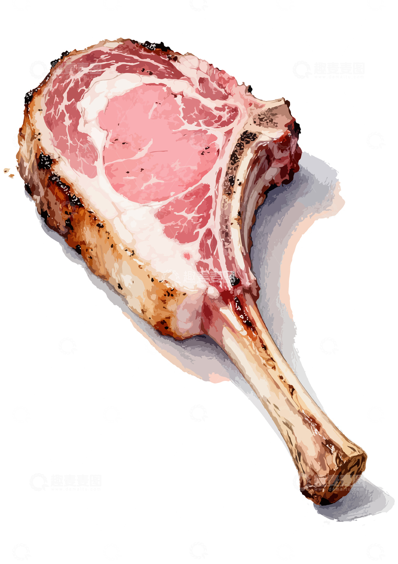 源文件下载【趣麦麦图】水彩画牛排美食插画