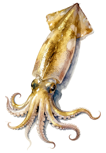 金色乌贼水彩画海洋生物