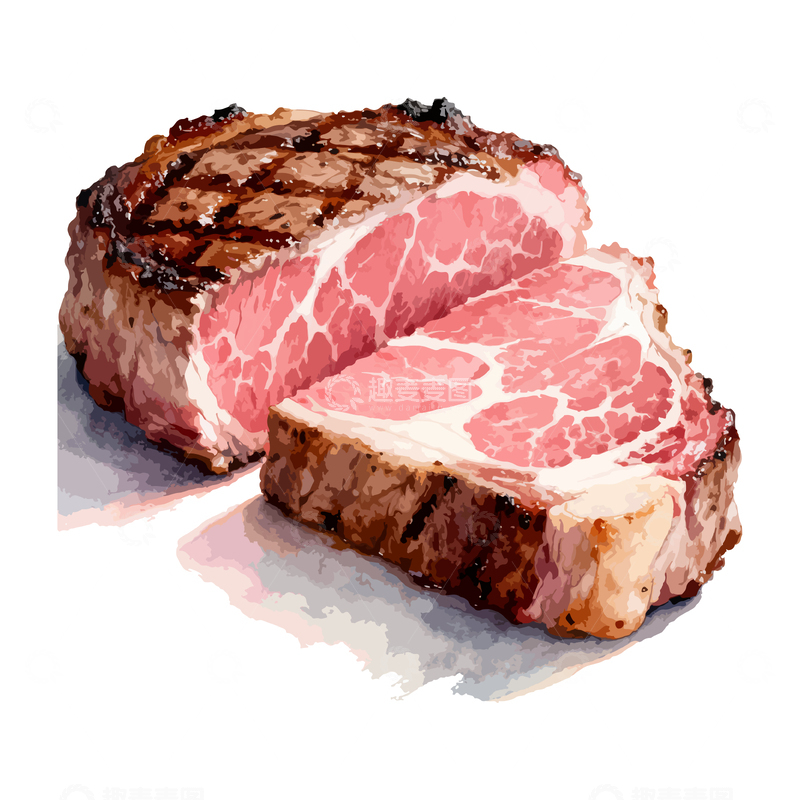 源文件下载【趣麦麦图】水彩画牛排美食插图