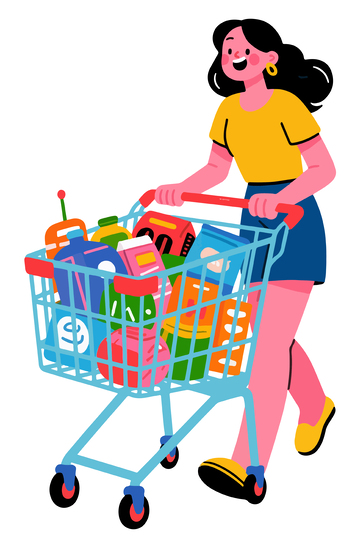 欢乐购物女性推购物车插画