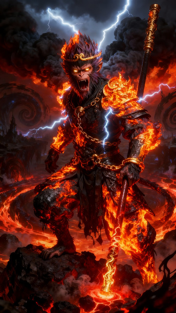 火焰悟空大圣雷电背景奇幻插画