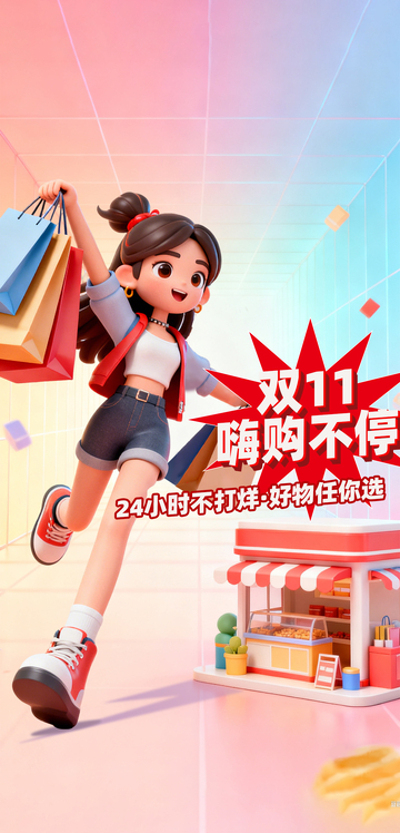 粉紫弥散透视风格卡通女孩购物电商海报2