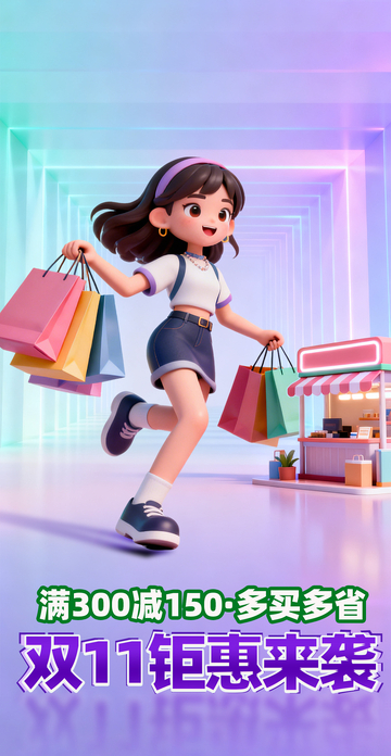 粉紫弥散透视风格卡通女孩购物电商海报1