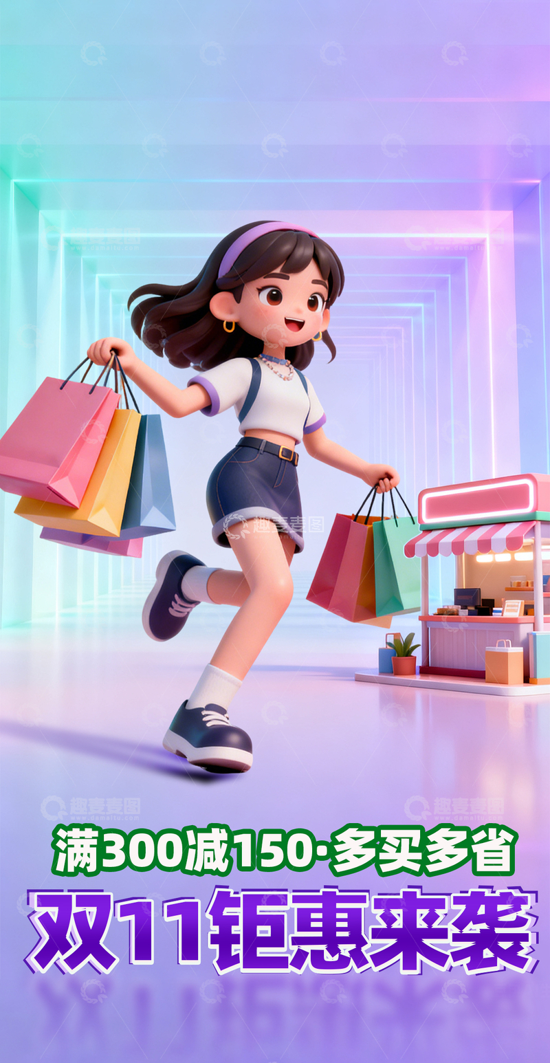 源文件下载【趣麦麦图】粉紫弥散透视风格卡通女孩购物电商海报1