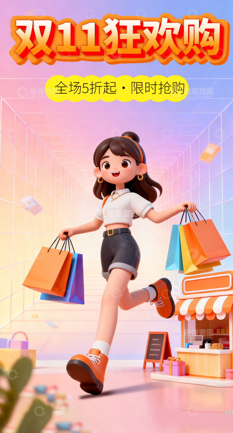 源文件下载【趣麦麦图】粉紫弥散透视风格卡通女孩购物电商海报