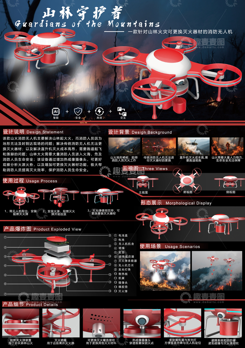 源文件下载【趣麦麦图】-山林守护消防无人机设计展示