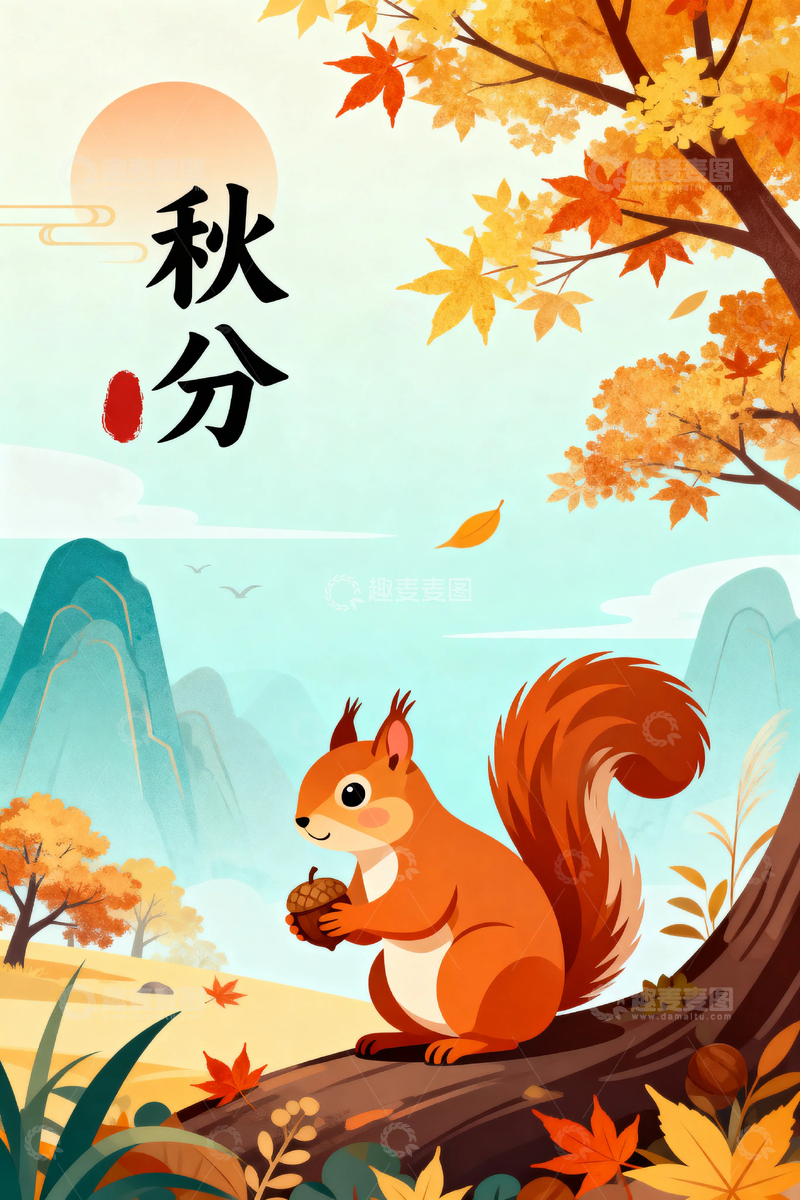 高清大图下载【趣麦麦图】秋天松鼠落叶背景3