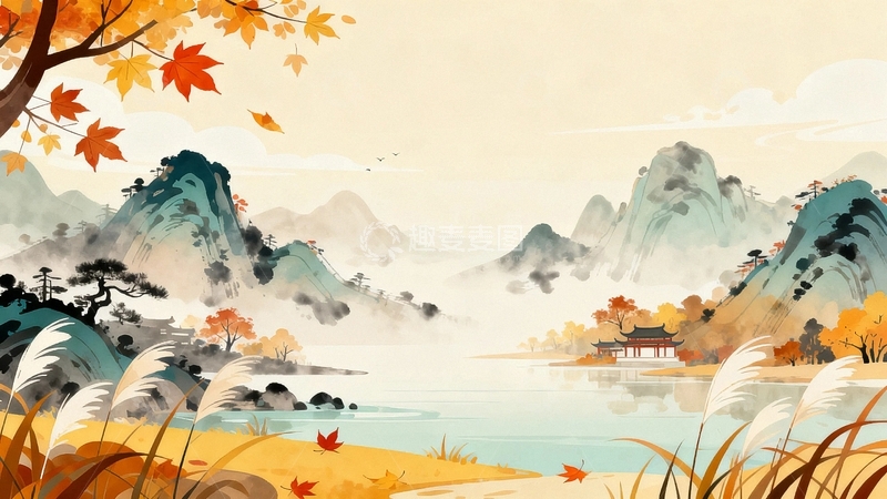高清大图下载【趣麦麦图】秋天国风山水背景2