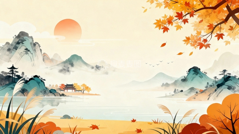 高清大图下载【趣麦麦图】秋天国风山水背景1