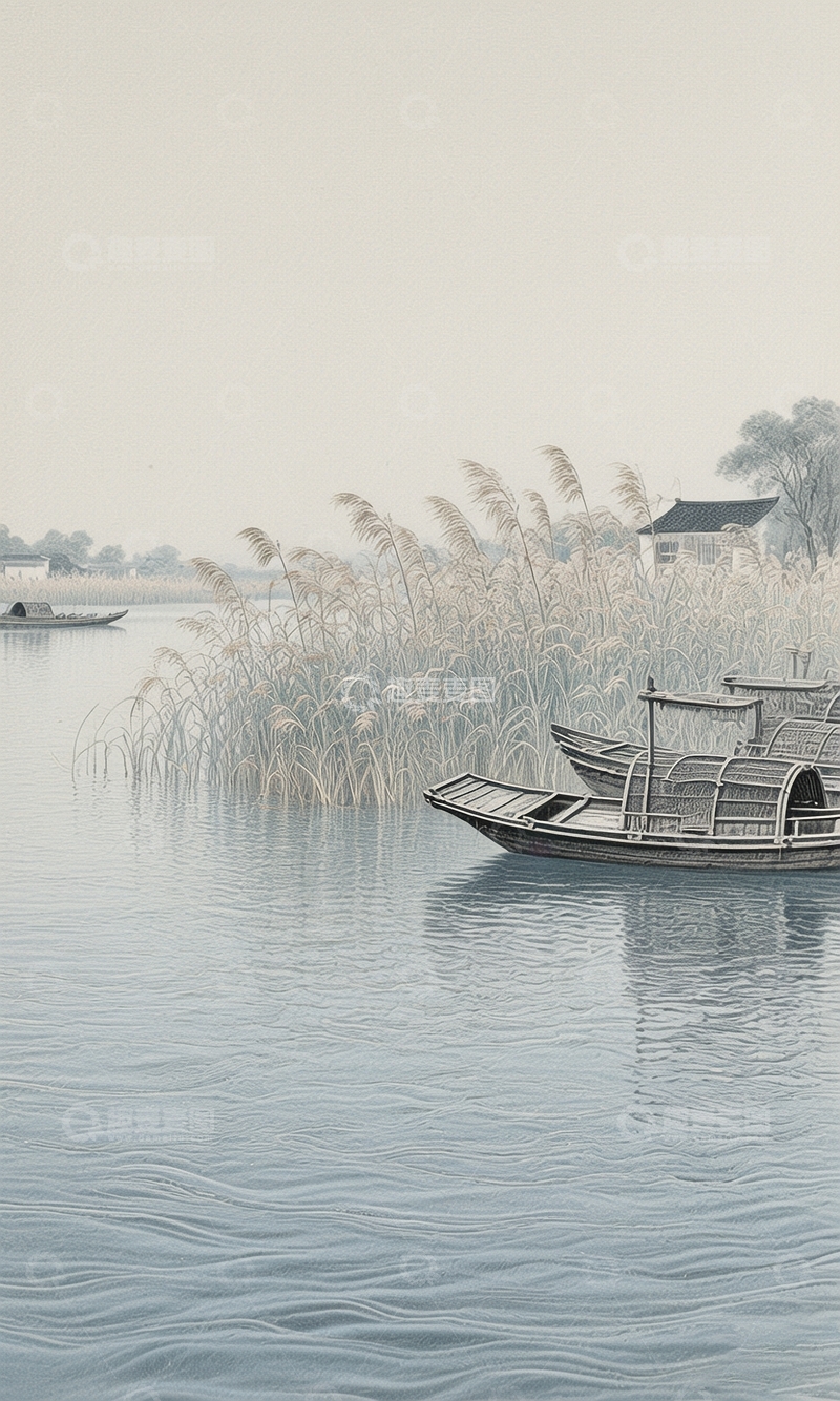 高清大图下载【趣麦麦图】工笔画江上泛舟图1