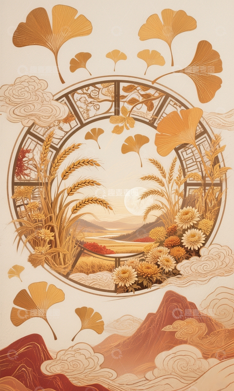高清大图下载【趣麦麦图】金秋时节国风背景3