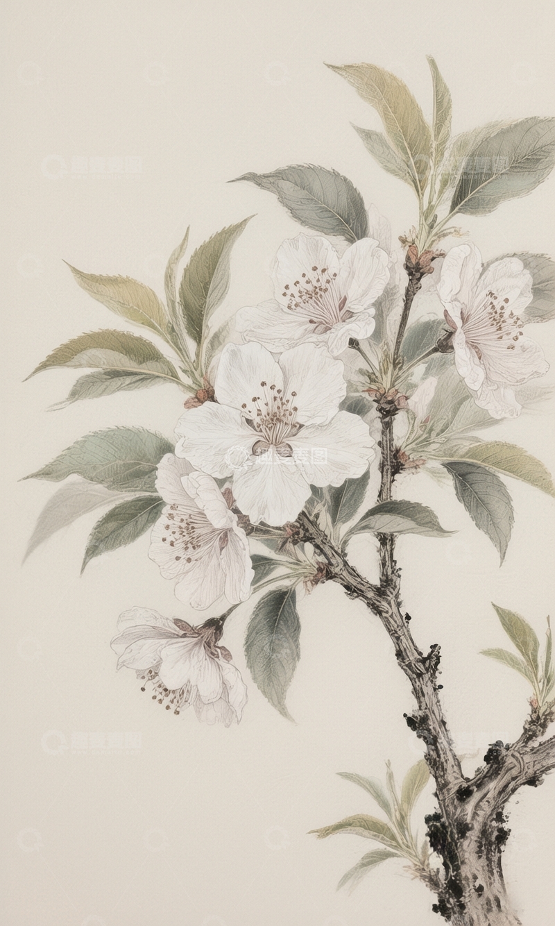 高清大图下载【趣麦麦图】工笔画盛开的桃花背景1