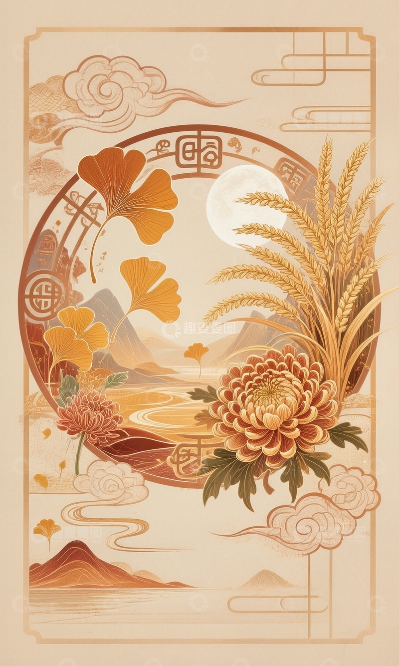 高清大图下载【趣麦麦图】金秋时节国风背景2