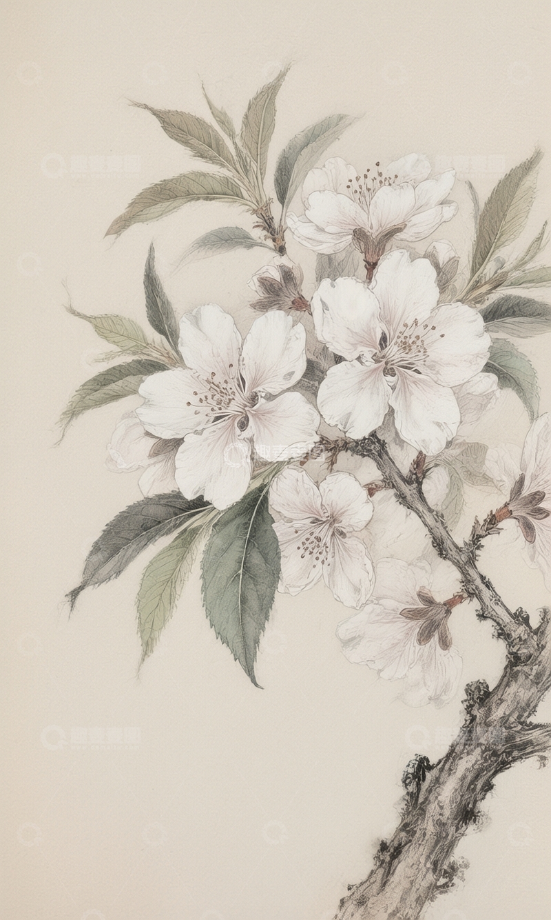 高清大图下载【趣麦麦图】工笔画盛开的桃花背景3