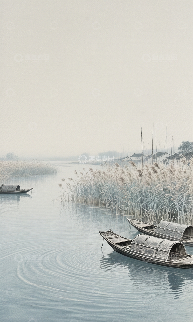 高清大图下载【趣麦麦图】工笔画江上泛舟图2